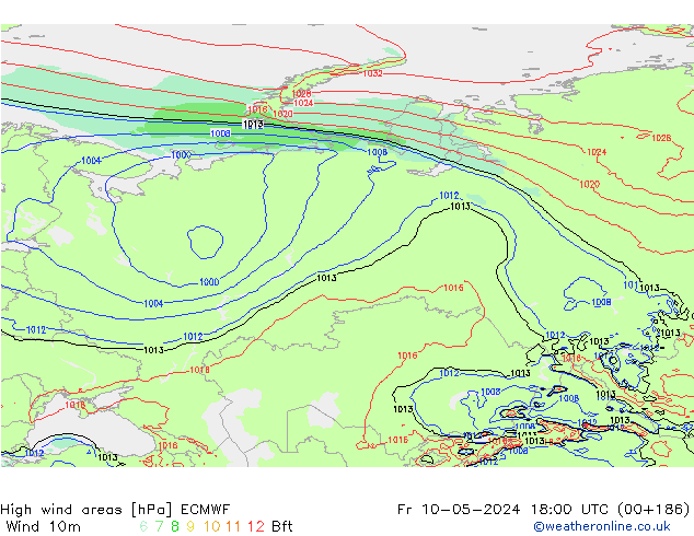 High wind areas ECMWF Pá 10.05.2024 18 UTC