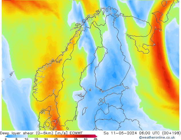 Deep layer shear (0-6km) ECMWF Sa 11.05.2024 06 UTC