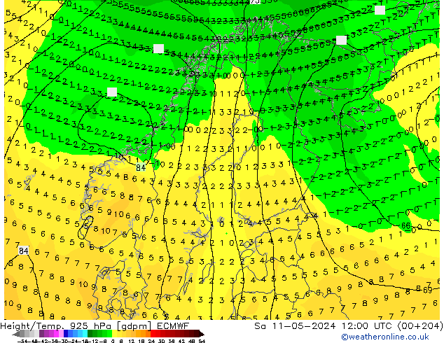 Height/Temp. 925 hPa ECMWF Sa 11.05.2024 12 UTC