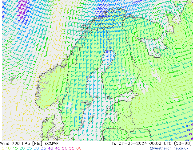 Wind 700 hPa ECMWF Tu 07.05.2024 00 UTC