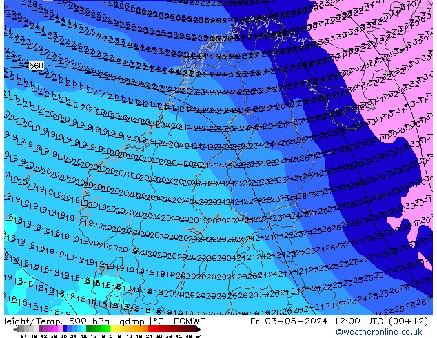 Height/Temp. 500 hPa ECMWF Fr 03.05.2024 12 UTC
