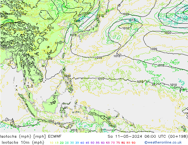 Isotachs (mph) ECMWF Sáb 11.05.2024 06 UTC