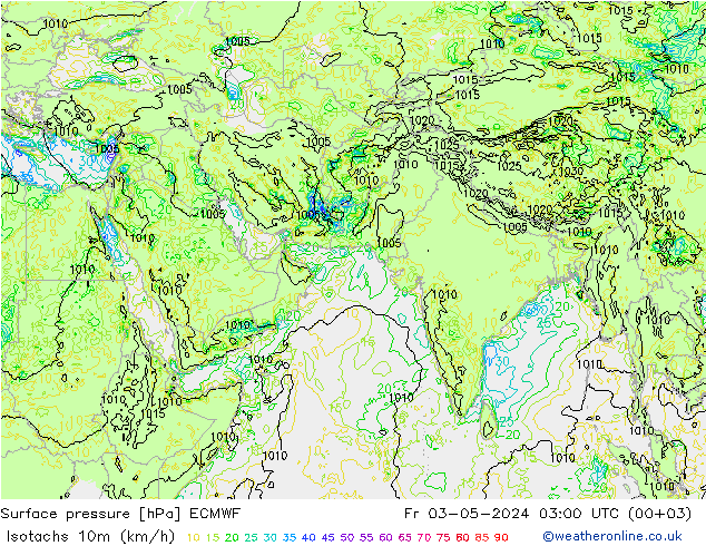 10米等风速线 (kph) ECMWF 星期五 03.05.2024 03 UTC
