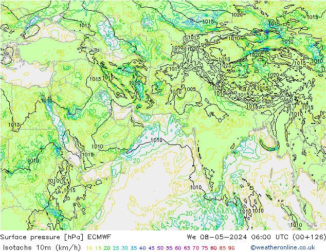 Isotachs (kph) ECMWF St 08.05.2024 06 UTC