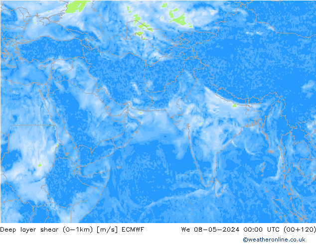 Deep layer shear (0-1km) ECMWF St 08.05.2024 00 UTC