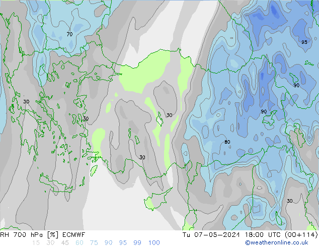 RH 700 hPa ECMWF Ter 07.05.2024 18 UTC