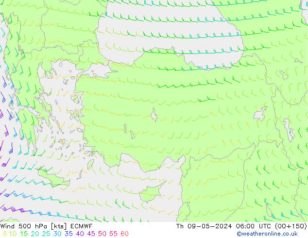 Vento 500 hPa ECMWF gio 09.05.2024 06 UTC