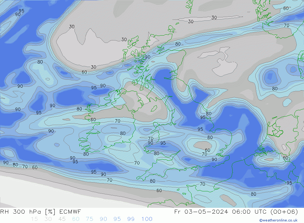 RH 300 hPa ECMWF Fr 03.05.2024 06 UTC