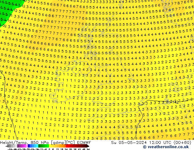 Z500/Rain (+SLP)/Z850 ECMWF Su 05.05.2024 12 UTC