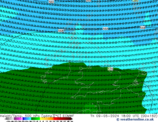 Z500/Rain (+SLP)/Z850 ECMWF Th 09.05.2024 18 UTC