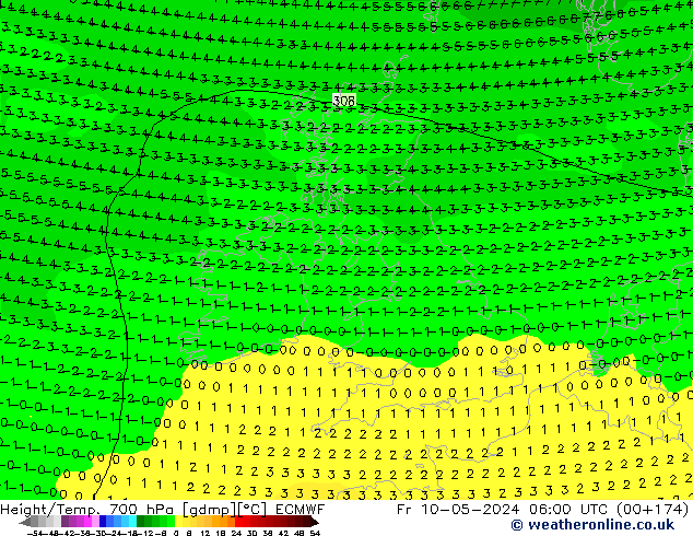 Height/Temp. 700 hPa ECMWF Sex 10.05.2024 06 UTC