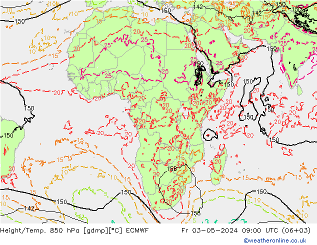 Geop./Temp. 850 hPa ECMWF vie 03.05.2024 09 UTC