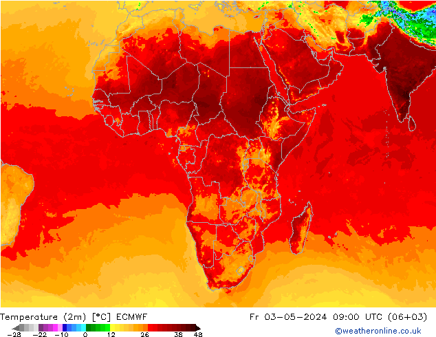 Temperatuurkaart (2m) ECMWF vr 03.05.2024 09 UTC