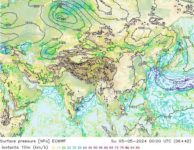 Isotachs (kph) ECMWF dim 05.05.2024 00 UTC