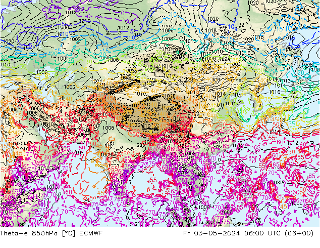 Theta-e 850hPa ECMWF vie 03.05.2024 06 UTC