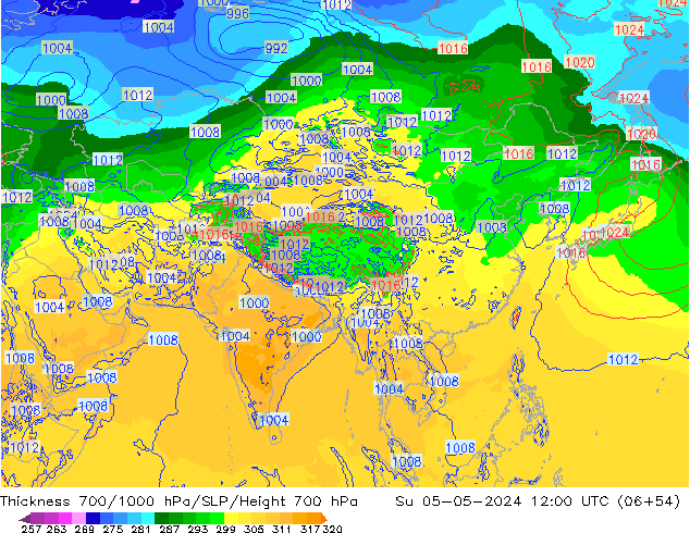 Espesor 700-1000 hPa ECMWF dom 05.05.2024 12 UTC