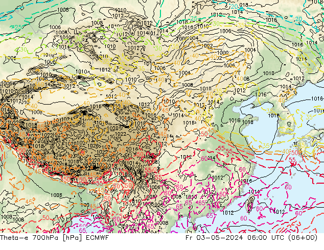 Theta-e 700hPa ECMWF 星期五 03.05.2024 06 UTC