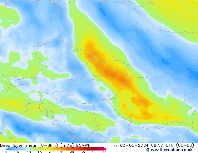 Deep layer shear (0-6km) ECMWF Cu 03.05.2024 09 UTC