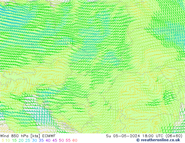 wiatr 850 hPa ECMWF nie. 05.05.2024 18 UTC