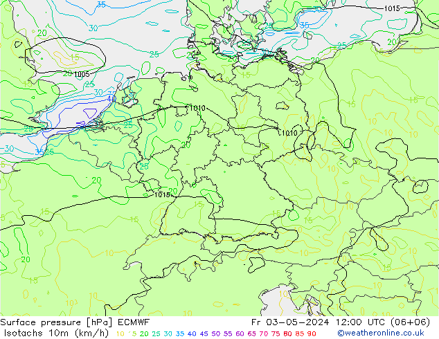 Isotaca (kph) ECMWF vie 03.05.2024 12 UTC