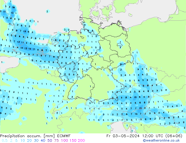 Precipitation accum. ECMWF 星期五 03.05.2024 12 UTC