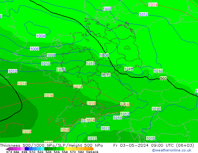 Schichtdicke 500-1000 hPa ECMWF Fr 03.05.2024 09 UTC