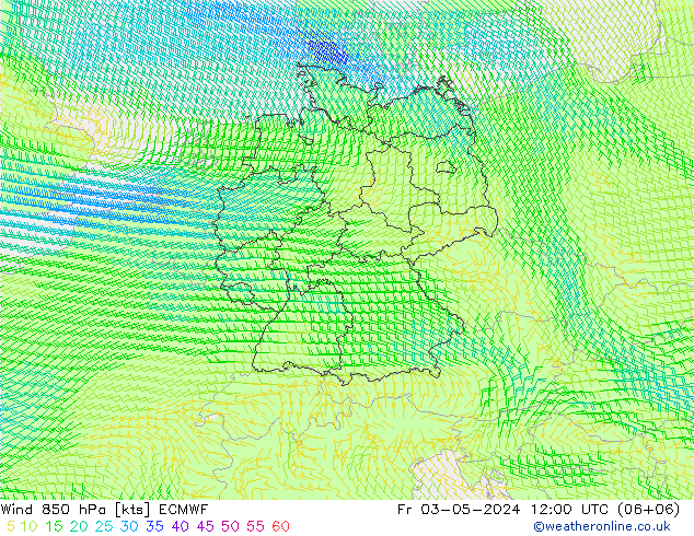 Viento 850 hPa ECMWF vie 03.05.2024 12 UTC