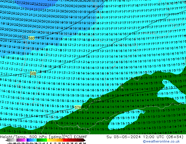 Z500/Rain (+SLP)/Z850 ECMWF Su 05.05.2024 12 UTC