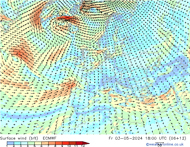 Surface wind (bft) ECMWF Fr 03.05.2024 18 UTC