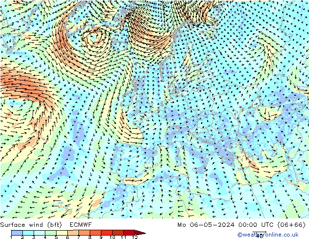 Surface wind (bft) ECMWF Mo 06.05.2024 00 UTC