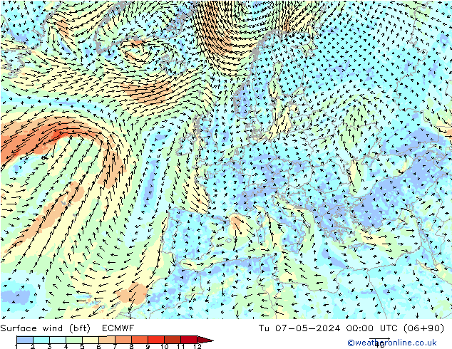 Bodenwind (bft) ECMWF Di 07.05.2024 00 UTC