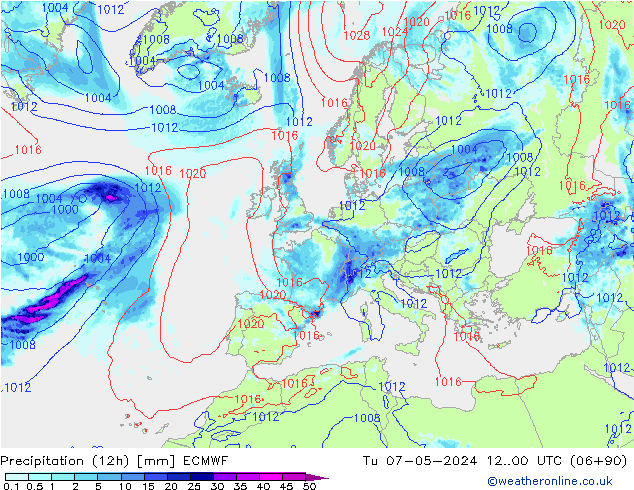 Precipitation (12h) ECMWF Tu 07.05.2024 00 UTC