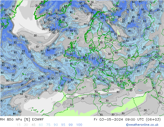 Humedad rel. 850hPa ECMWF vie 03.05.2024 09 UTC