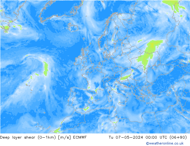 Deep layer shear (0-1km) ECMWF Di 07.05.2024 00 UTC
