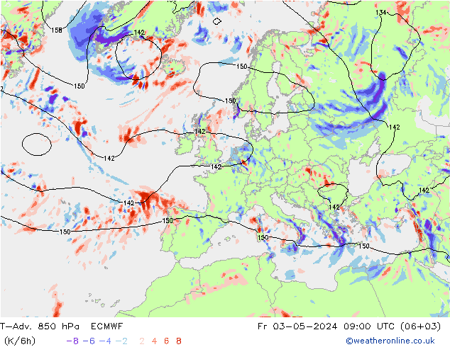 T-Adv. 850 hPa ECMWF Fr 03.05.2024 09 UTC