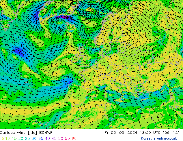 Vento 10 m ECMWF ven 03.05.2024 18 UTC