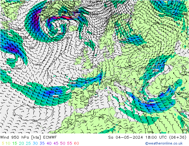 Vento 950 hPa ECMWF sab 04.05.2024 18 UTC