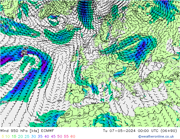 Wind 950 hPa ECMWF Di 07.05.2024 00 UTC