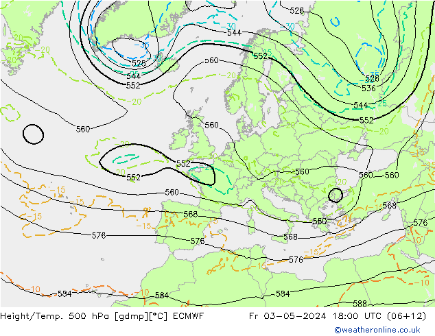 Hoogte/Temp. 500 hPa ECMWF vr 03.05.2024 18 UTC