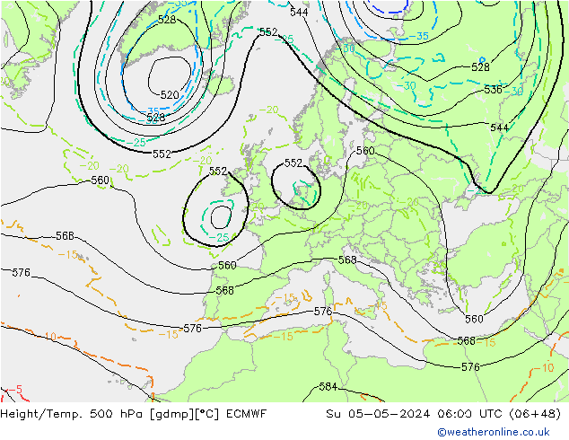 Z500/Rain (+SLP)/Z850 ECMWF Su 05.05.2024 06 UTC