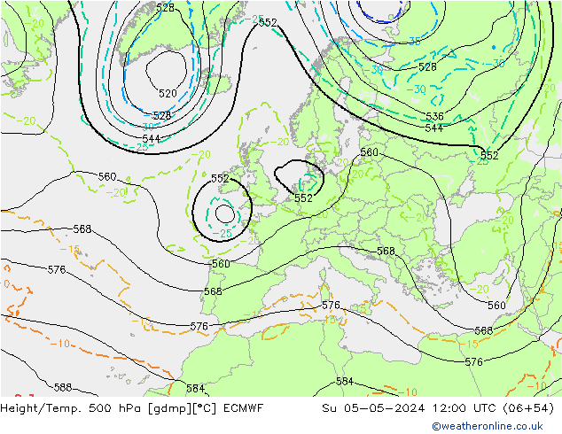 Z500/Regen(+SLP)/Z850 ECMWF zo 05.05.2024 12 UTC