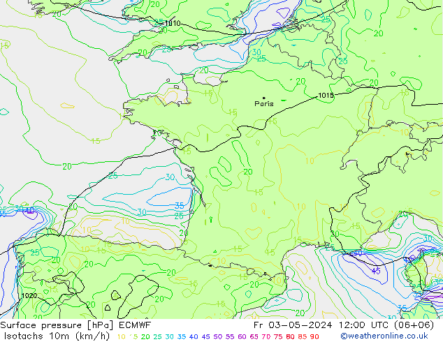 Isotachen (km/h) ECMWF Fr 03.05.2024 12 UTC