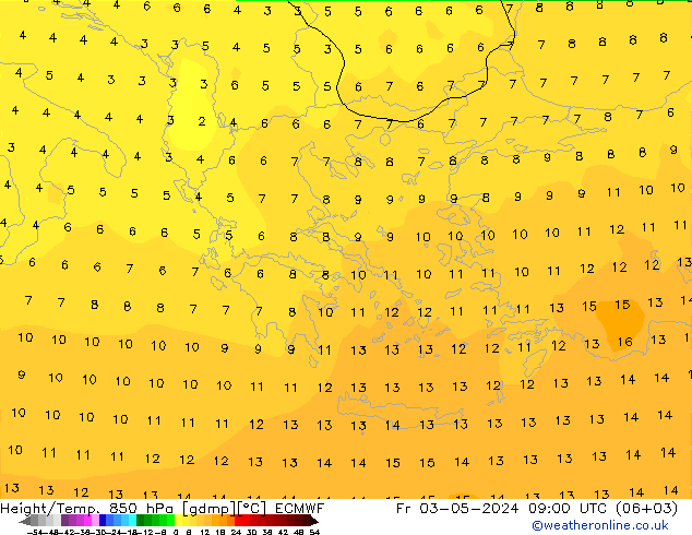 Height/Temp. 850 гПа ECMWF пт 03.05.2024 09 UTC