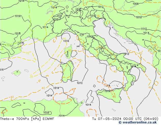 Theta-e 700hPa ECMWF Tu 07.05.2024 00 UTC