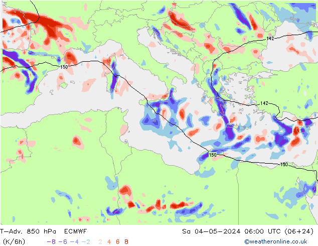 T-Adv. 850 hPa ECMWF Sa 04.05.2024 06 UTC