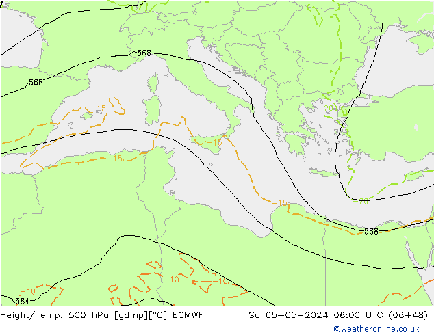 Z500/Rain (+SLP)/Z850 ECMWF Su 05.05.2024 06 UTC