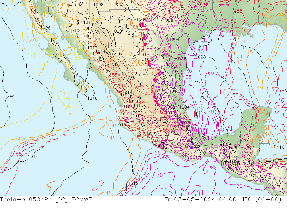 Theta-e 850hPa ECMWF vie 03.05.2024 06 UTC