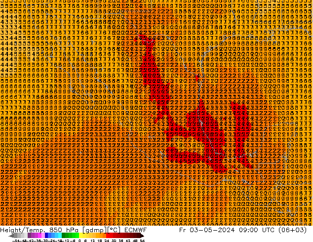 Geop./Temp. 850 hPa ECMWF vie 03.05.2024 09 UTC