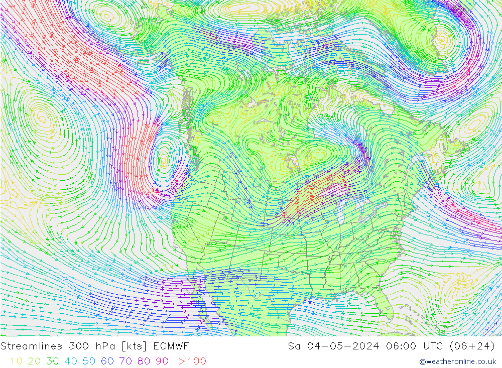 Linha de corrente 300 hPa ECMWF Sáb 04.05.2024 06 UTC