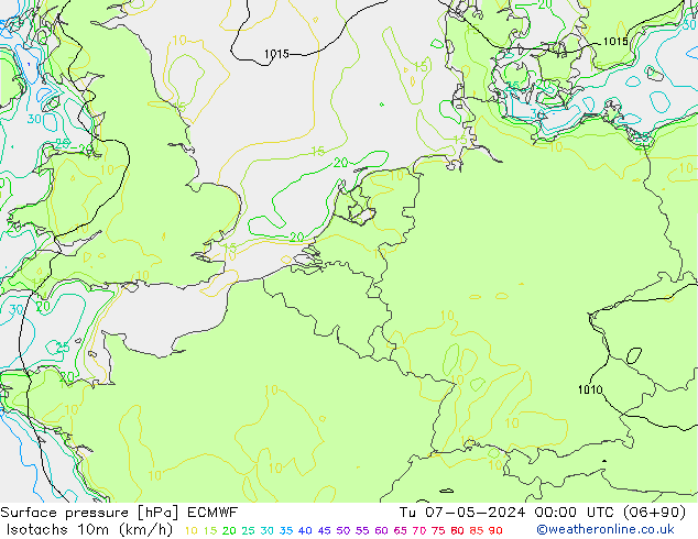 Eşrüzgar Hızları (km/sa) ECMWF Sa 07.05.2024 00 UTC